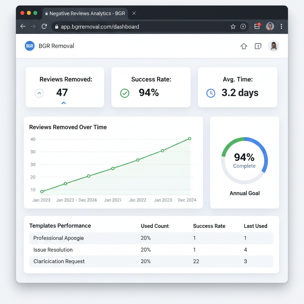 Dashboard showing review removal results and success metrics - Responding to Negative Reviews: Templates & Best Practices
