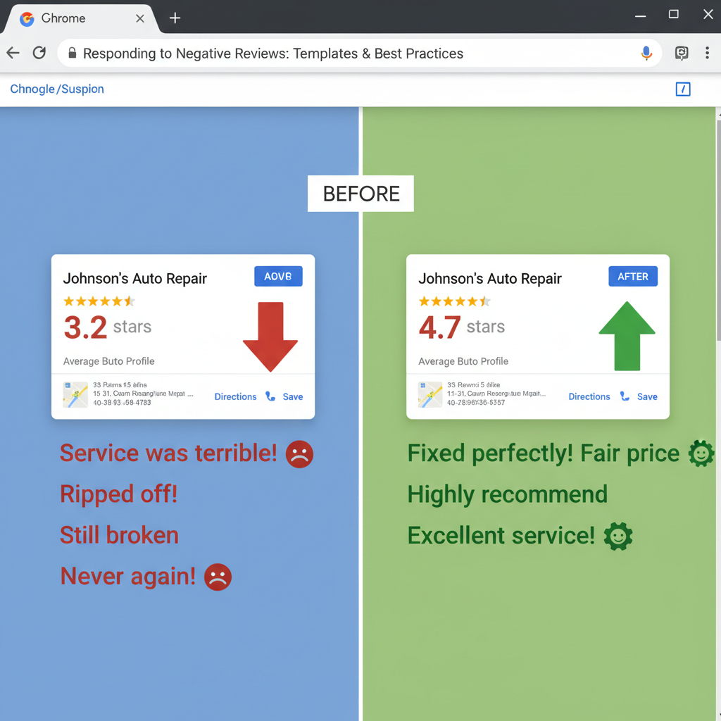 Before and after comparison showing improved business ratings - Responding to Negative Reviews: Templates & Best Practices
