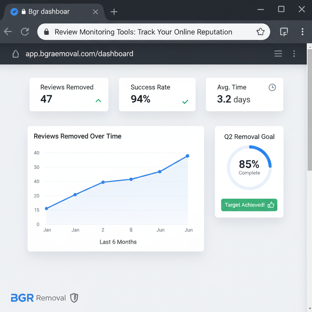 Dashboard showing review removal results and success metrics - Review Monitoring Tools: Track Your Online Reputation