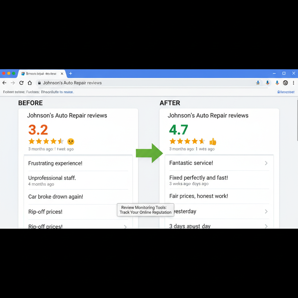 Before and after comparison showing improved business ratings - Review Monitoring Tools: Track Your Online Reputation
