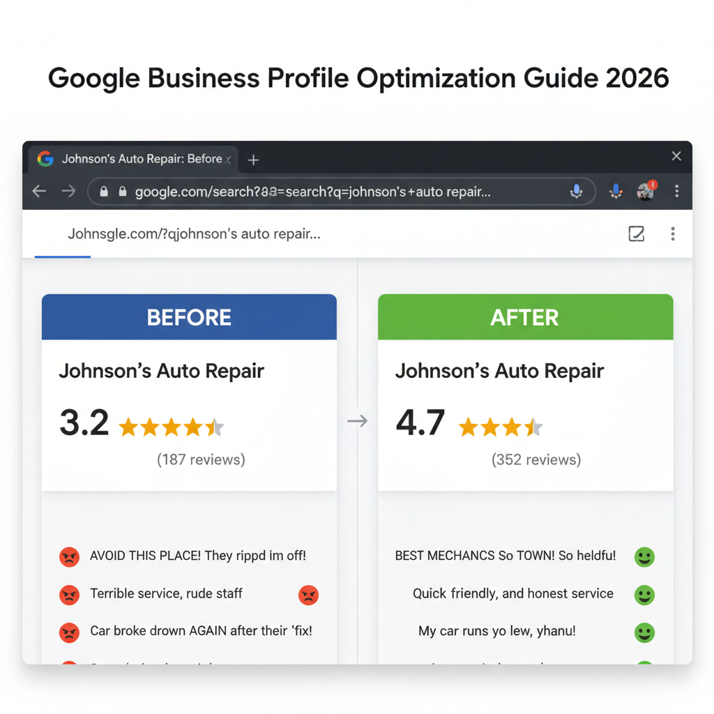 Before and after comparison showing improved business ratings - Google Business Profile Optimization Guide 2026