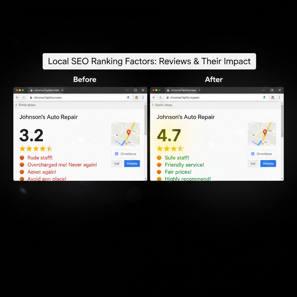 Before and after comparison showing improved business ratings - Local SEO Ranking Factors: Reviews & Their Impact