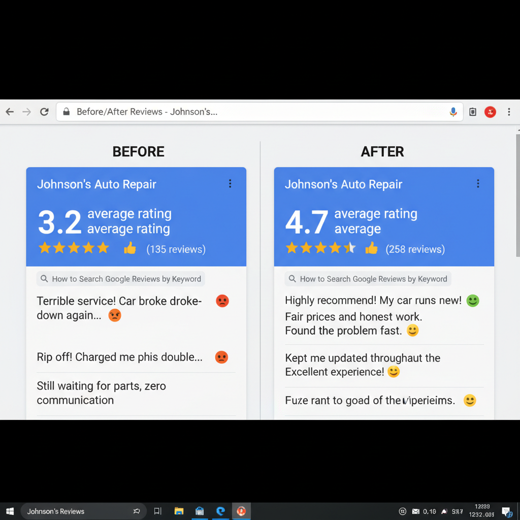 Before and after comparison showing improved business ratings - How to Search Google Reviews by Keyword