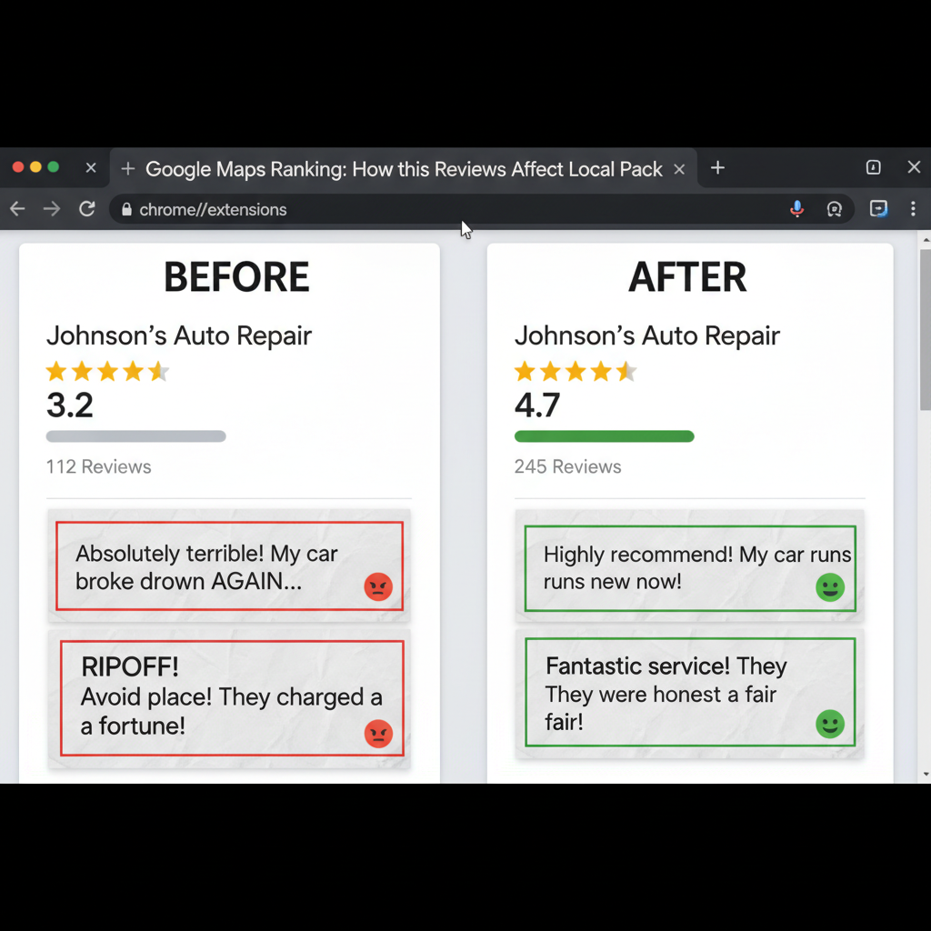 Before and after comparison showing improved business ratings - Google Maps Ranking: How Reviews Affect Local Pack