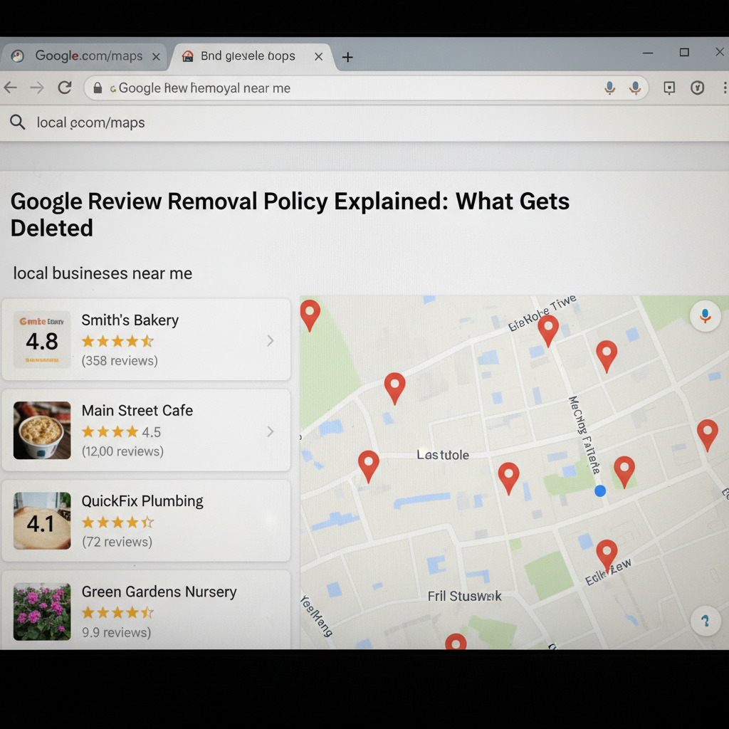 Google Maps search results showing local business ratings - Google Review Removal Policy Explained: What Gets Deleted