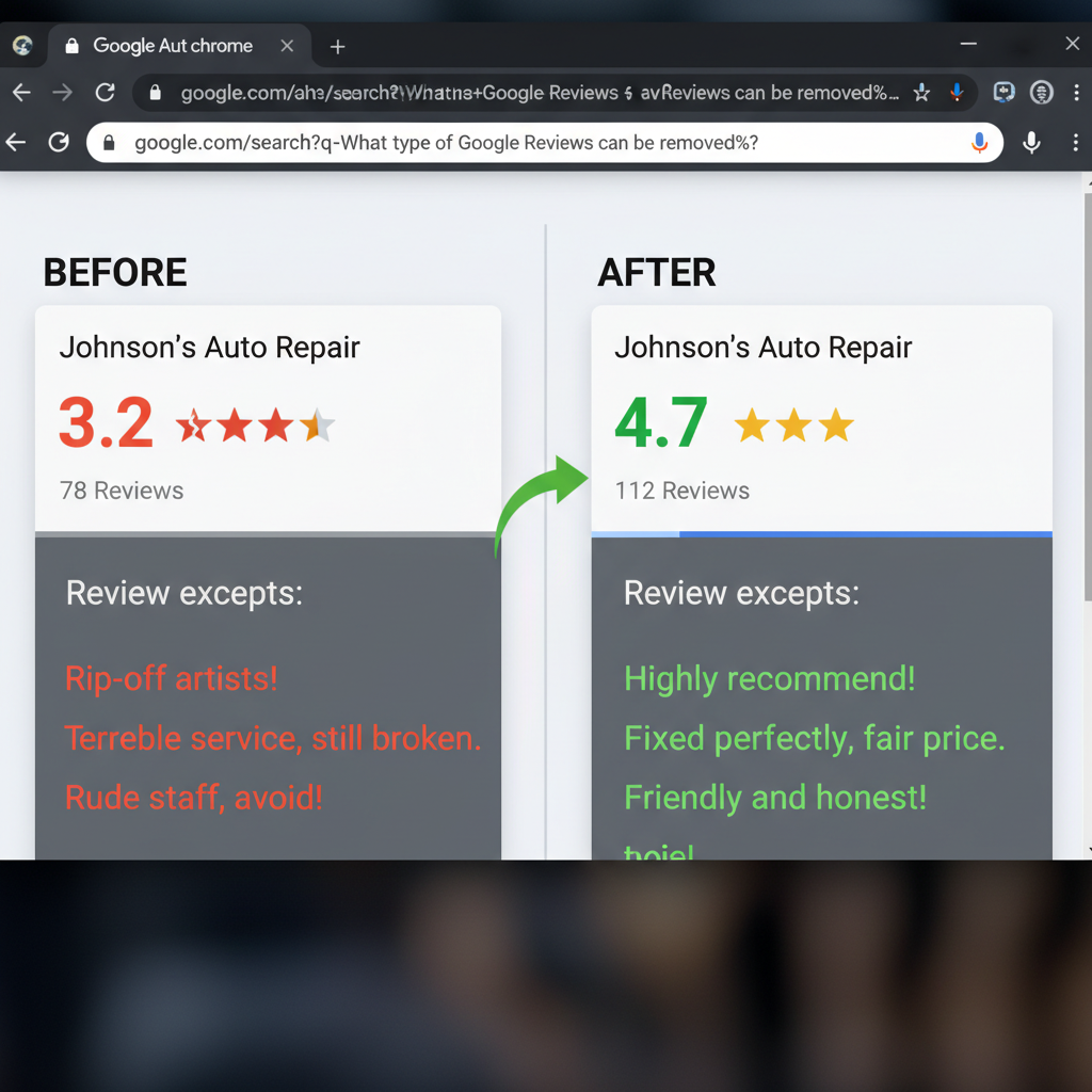 Before and after comparison showing improved business ratings - What type Of Google Reviews can Be Removed?