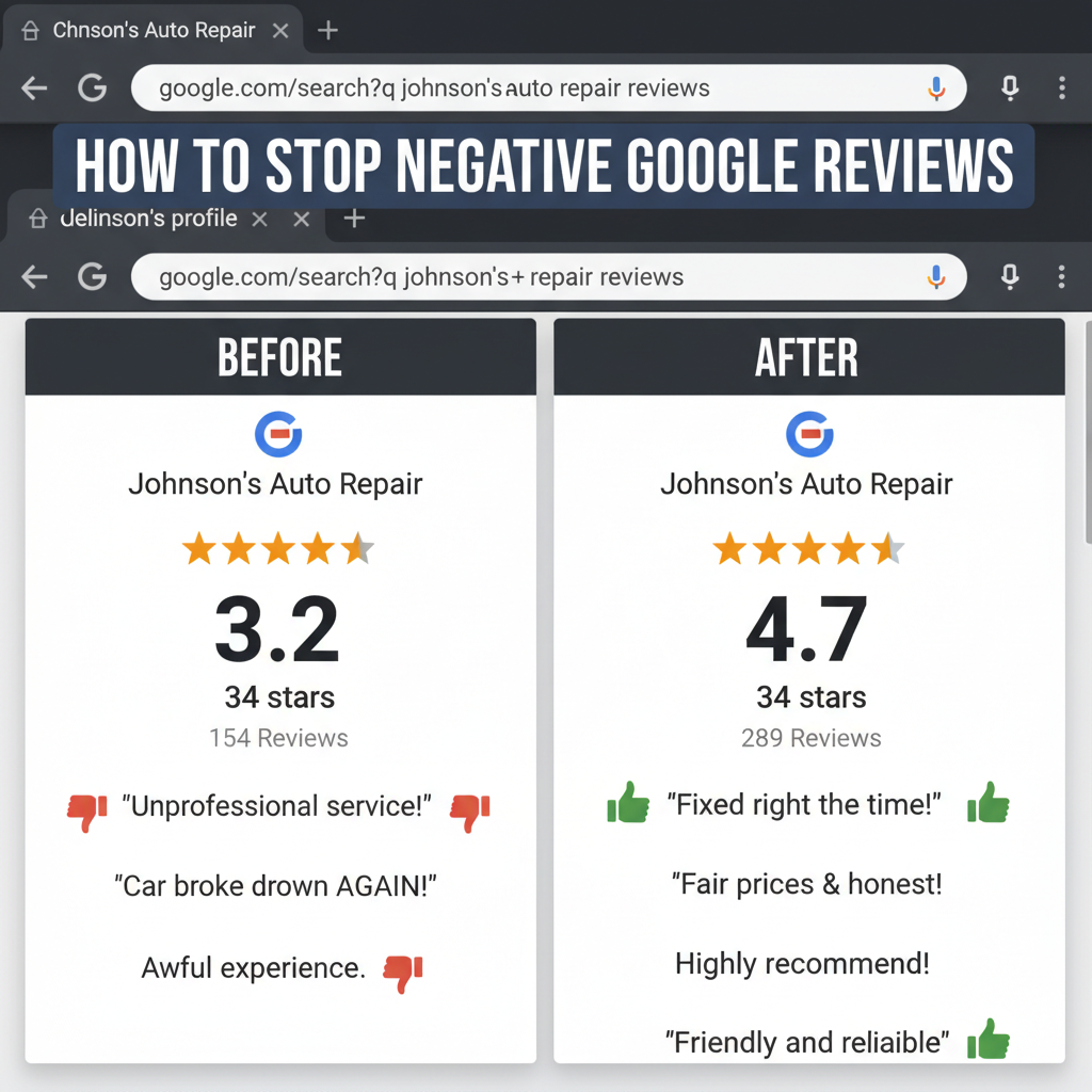 Before and after comparison showing improved business ratings - how to stop negative google reviews