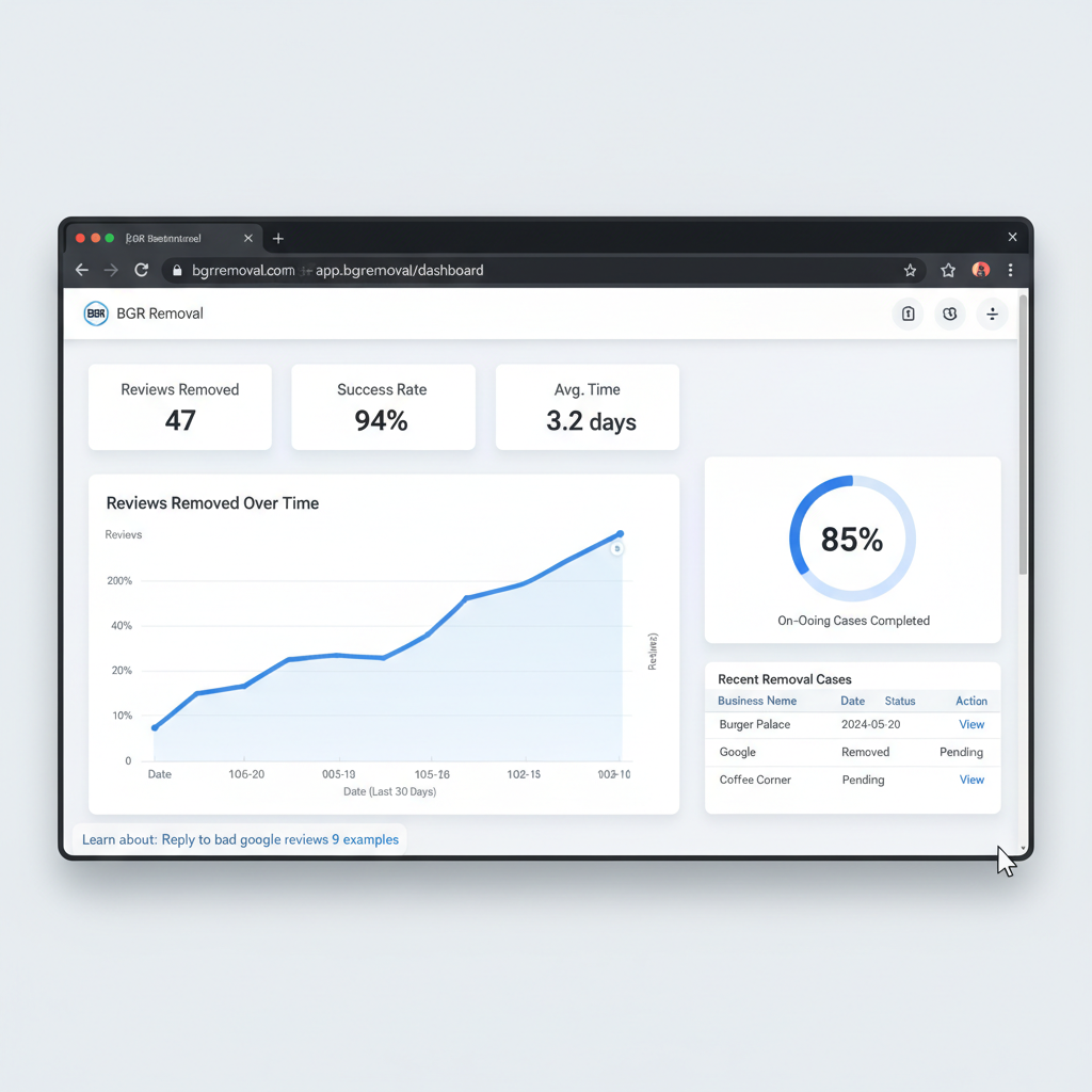 Dashboard showing review removal results and success metrics - Reply to bad google reviews 9 examples