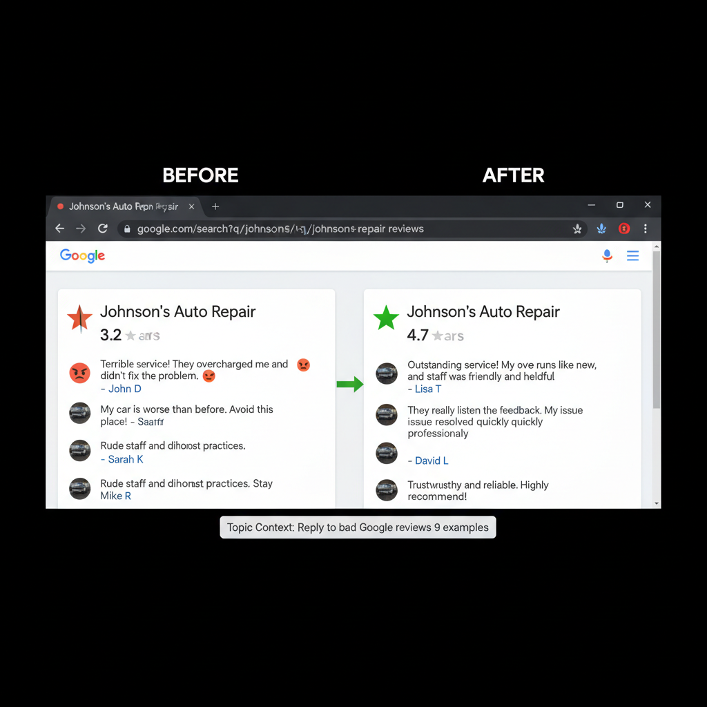Before and after comparison showing improved business ratings - Reply to bad google reviews 9 examples