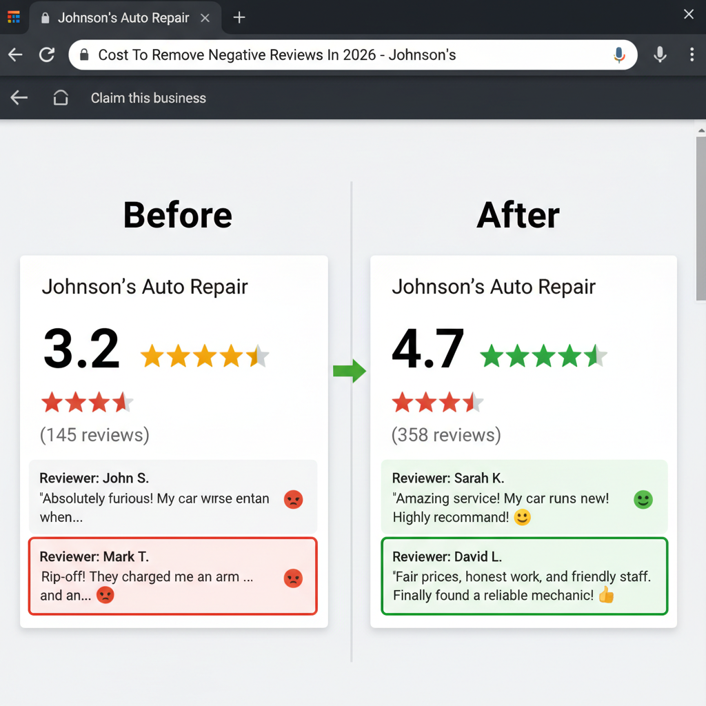 Before and after comparison showing improved business ratings - Cost To Remove Negative Google Reviews In 2026
