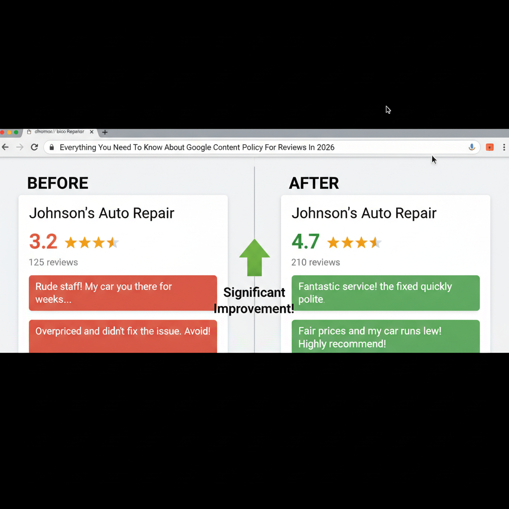 Before and after comparison showing improved business ratings - Everyting You Need To Know About Google Content Policy For Reviews In 2026