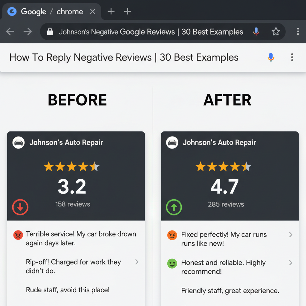 Before and after comparison showing improved business ratings - How To Reply Negative Google Reviews  | 30 Best Examples