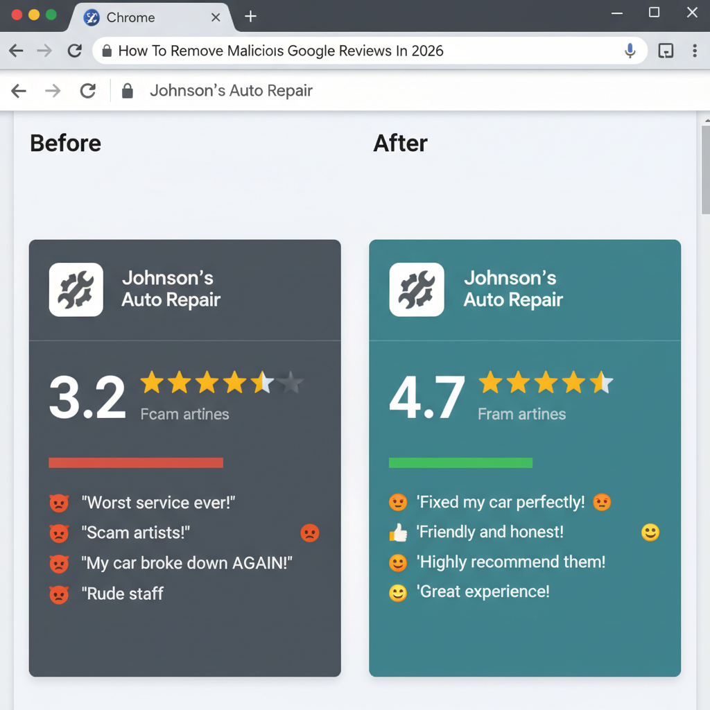 Before and after comparison showing improved business ratings - How To Remove Malicious Google Reviews In 2026
