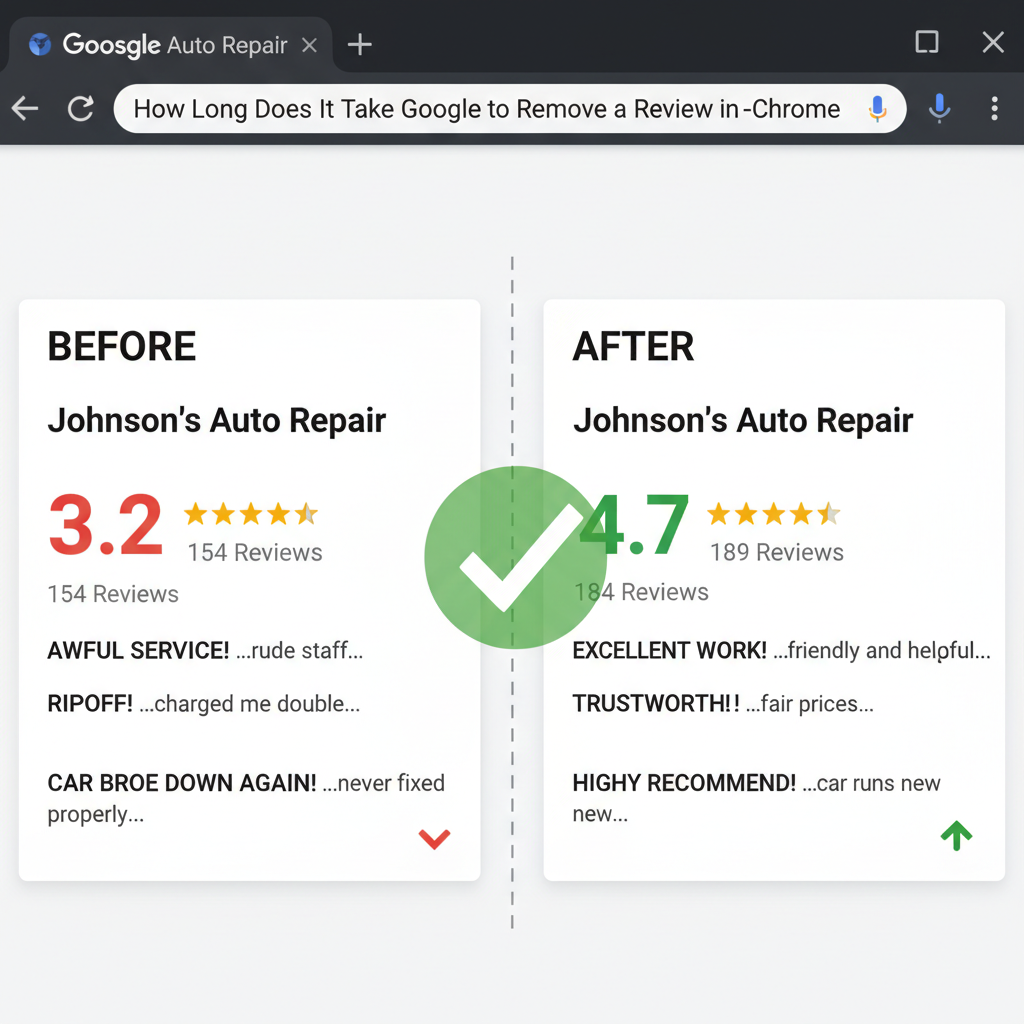 Before and after comparison showing improved business ratings - How Long Does It Take Google to Remove a Review in 2026?