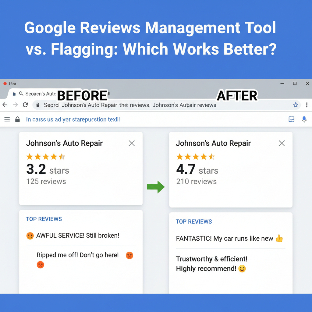 Before and after comparison showing improved business ratings - Google Reviews Management Tool vs. Flagging: Which Works Better?
