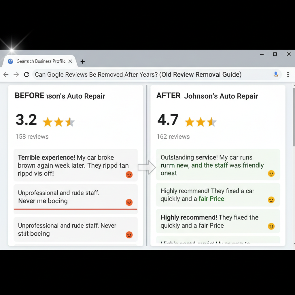 Before and after comparison showing improved business ratings - Can Google Reviews Be Removed After Years? (Old Review Removal Guide)