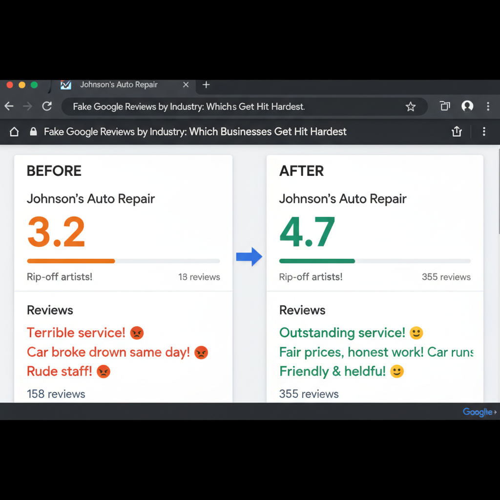 Before and after comparison showing improved business ratings - Fake Google Reviews by Industry: Which Businesses Get Hit Hardest?