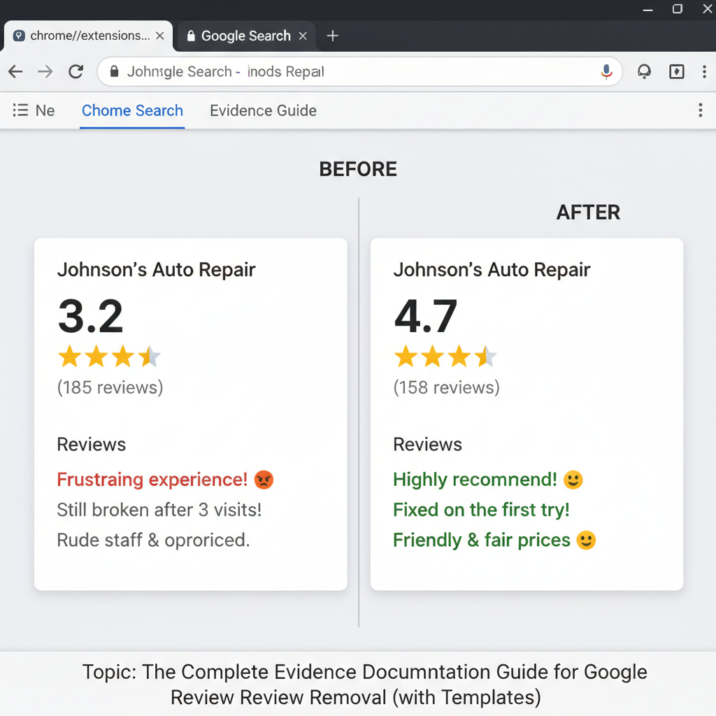 Before and after comparison showing improved business ratings - The Complete Evidence Documentation Guide for Google Review Removal (with Templates)