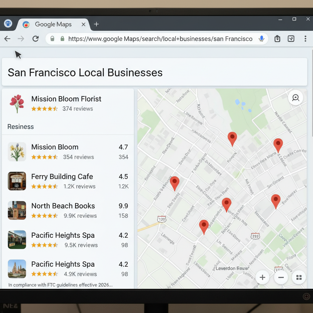 Google Maps search results showing local business ratings - The FTC's 2026 Fake Review Crackdown: Compliance Guide for Businesses