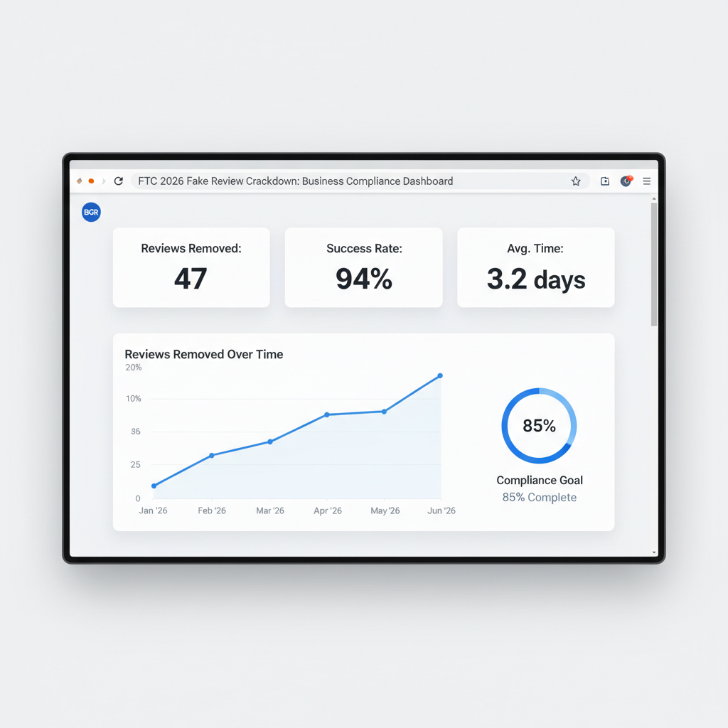 Dashboard showing review removal results and success metrics - The FTC's 2026 Fake Review Crackdown: Compliance Guide for Businesses