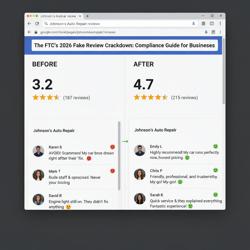 Before and after comparison showing improved business ratings - The FTC's 2026 Fake Review Crackdown: Compliance Guide for Businesses
