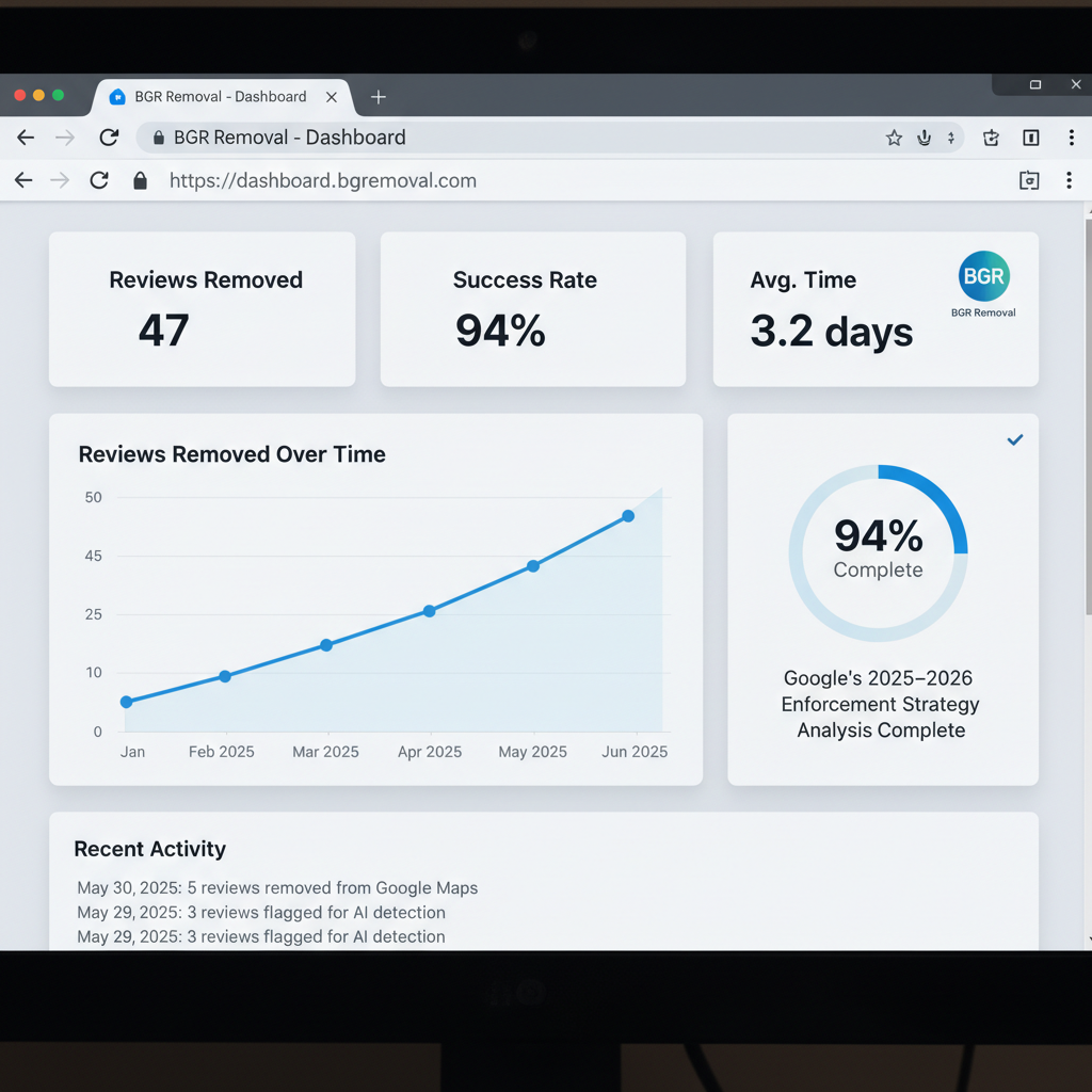 Dashboard showing review removal results and success metrics - AI-Generated Review Detection: Google’s 2025–2026 Enforcement Strategy