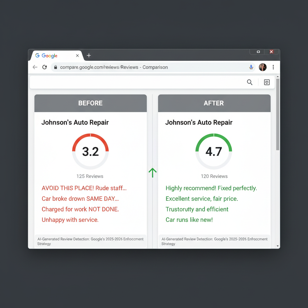 Before and after comparison showing improved business ratings - AI-Generated Review Detection: Google’s 2025–2026 Enforcement Strategy