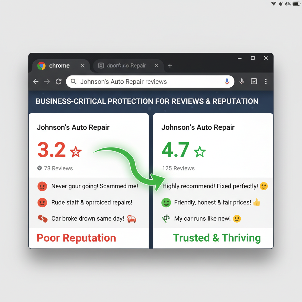 Before and after comparison showing improved business ratings - Business-Critical Protection for Reviews & Reputation